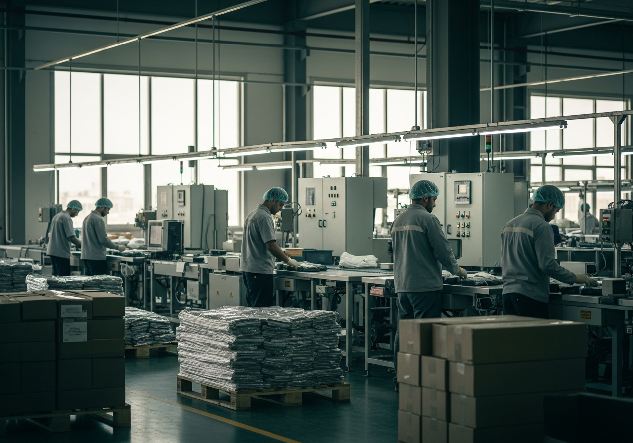 Workers on a production line inside an Egyptian manufacturing facility, with finished goods packed for export.