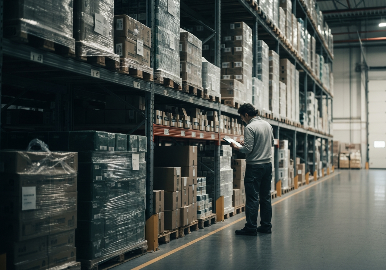 Inspection of packaged goods on industrial shelving in a wholesale warehouse.