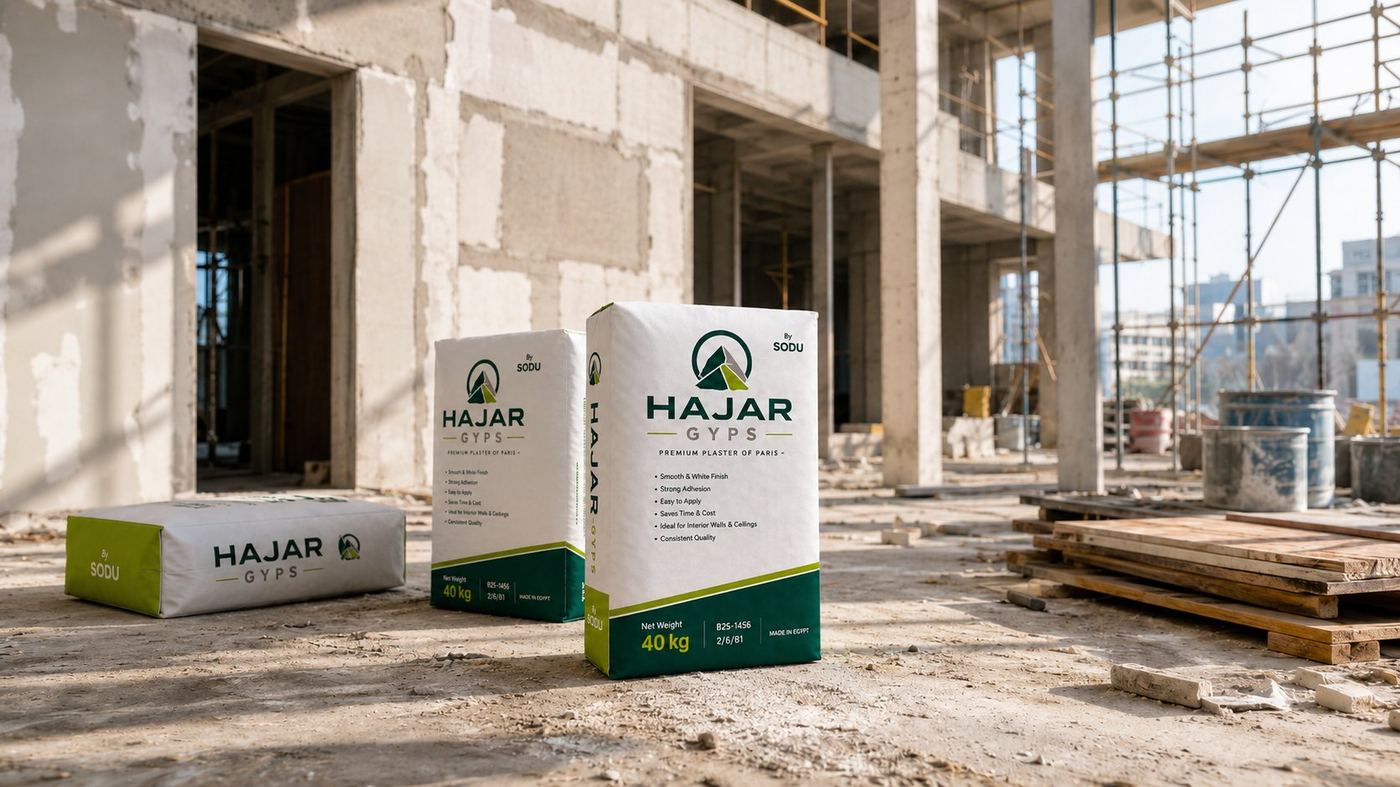 Hajar Plaster of Paris — a 40KG gypsum plaster bag in Hajar by Sódu packaging, made in Egypt