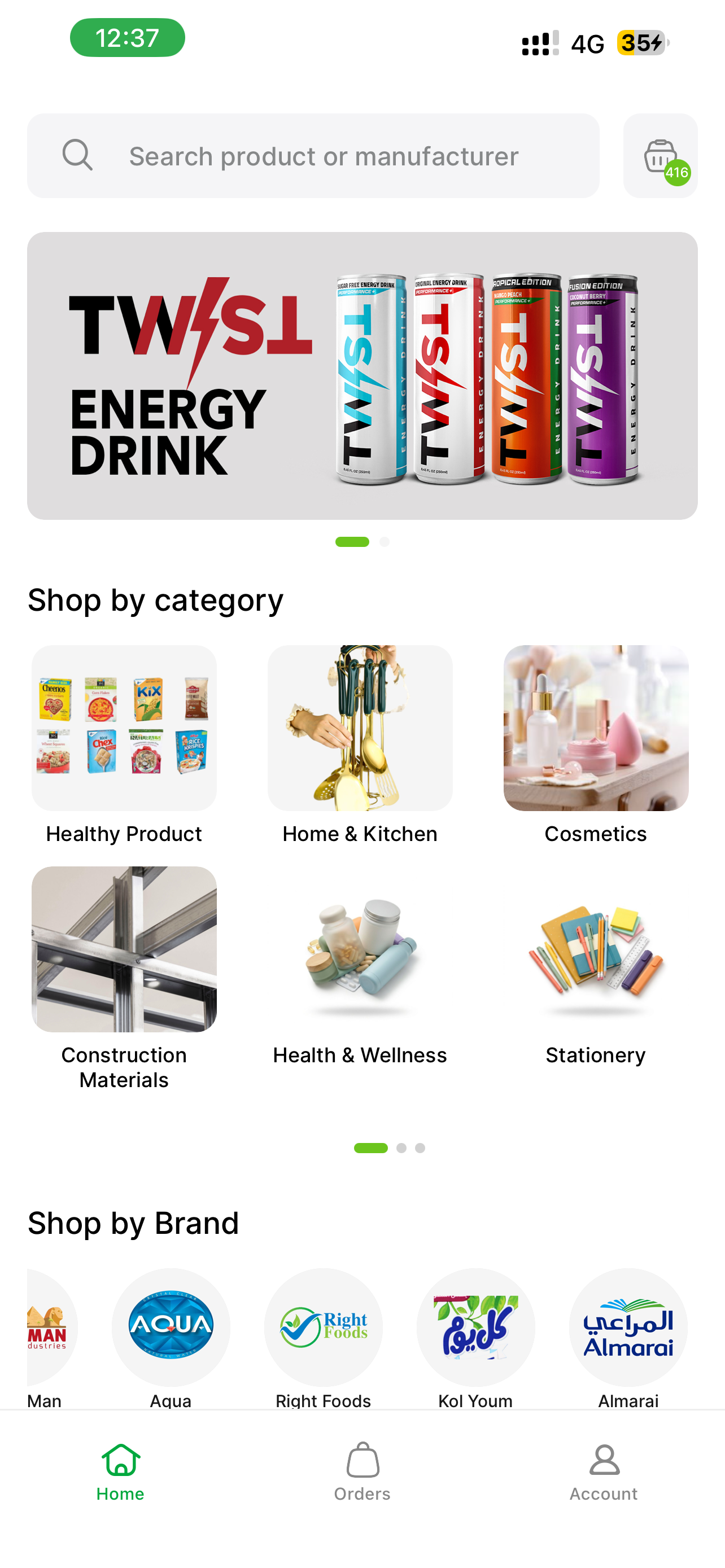 The Sódu B2B wholesale app home screen, showing product search, shop-by-category tiles, and featured brands.